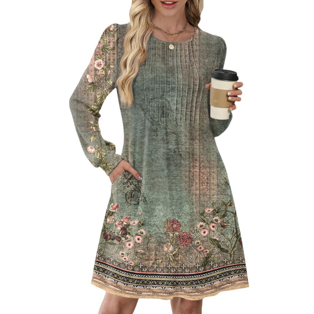 Женское повседневное платье с длинным рукавом, плиссировкой, круглым вырезом, винтажным цветочным принтом и карманами