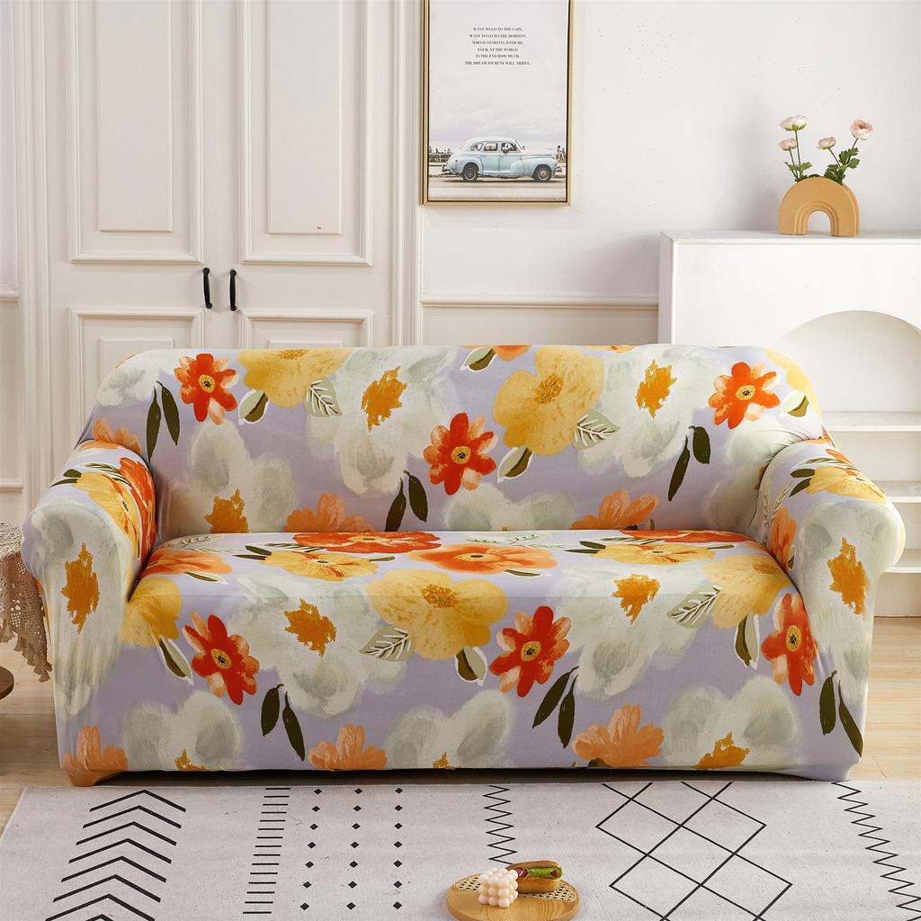 Printed Sofa Cover Stretch Couch Cover Sofa Slipcover Furniture Protector with Skid Foam Sticks and Elastic Bottom for Kid, Pets