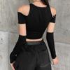 Sexy Women Goth Dark E-girl Style Patchwork Black T-shirts Gothic Open Shoulder Sleeve Y2k Crop Tops Ruffles Hem Hip Hop Techwear Women Tee