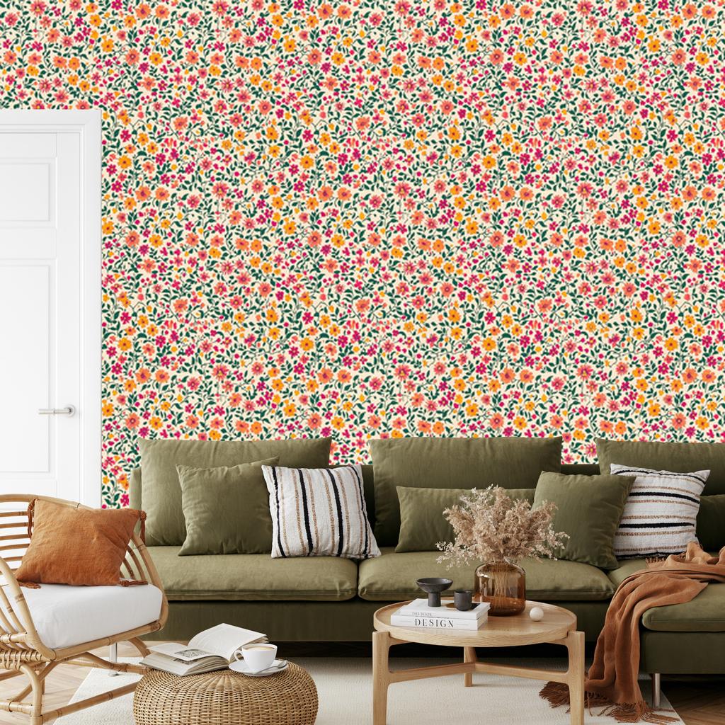 Wallpaper Small Flowers Beige and Green for Living Room and Bedroom 50x1000