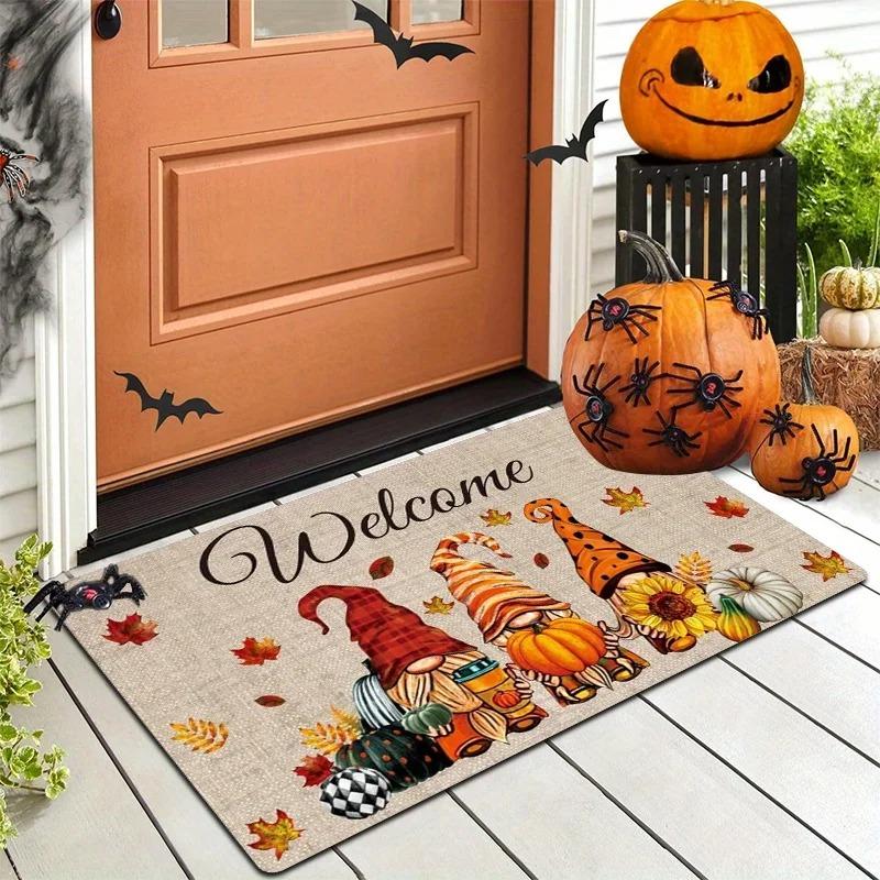 Trick or Treat Skeleton Pumpkin Doormat Spooky Cartoon Print Indoor Floor Carpet Halloween Area Rug for Front Door Home Decor