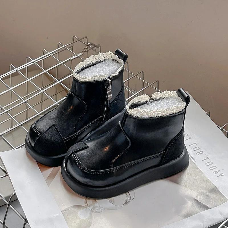 2024 Детские ботильоны принцессы для девочек Осень Зима Новые Элегантные Кружевные Модные Мягкие Нескользящие Универсальные Кожаные Ботинки