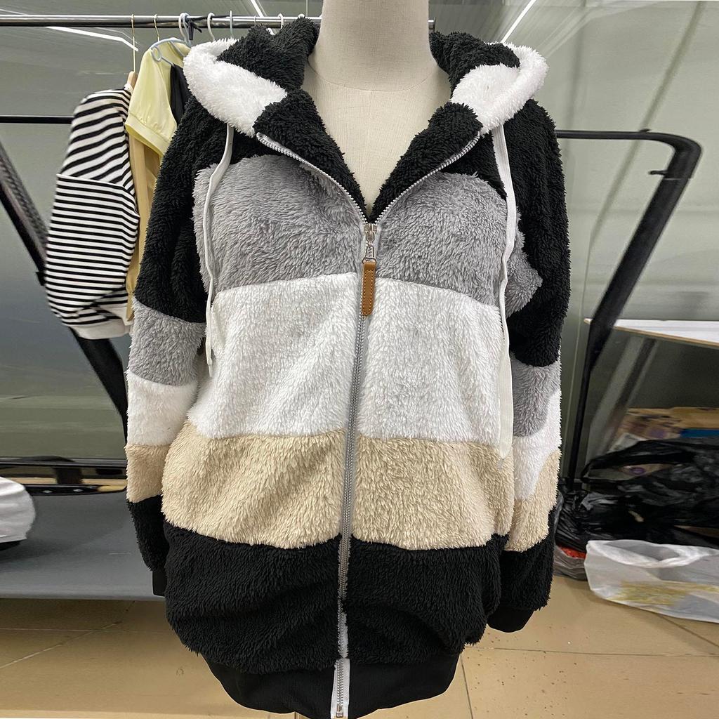 Женское модное зимнее свободное плюшевое пальто с длинным рукавом и карманом на молнии с капюшоном