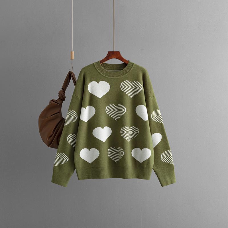 2024 Autumn/Winter Women's Plus Size Heart Jacquard Knit Pullover Sweater