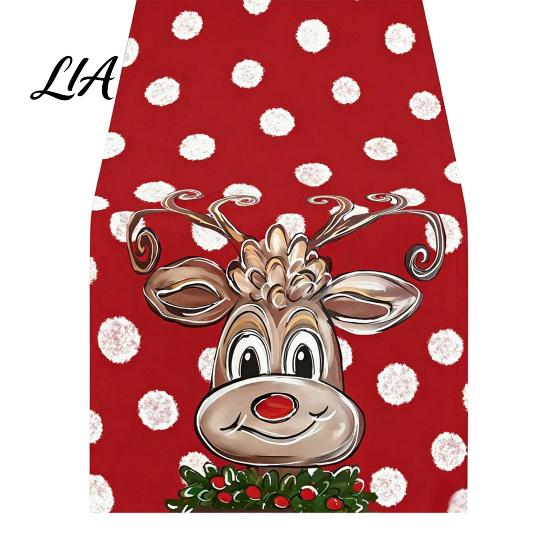 Dining Table Runner Christmas Runner, Xmas Tree Ball Reindeer Print Seasonal Accessories Tablecloth, Winter Holiday Party Decoration Coffee