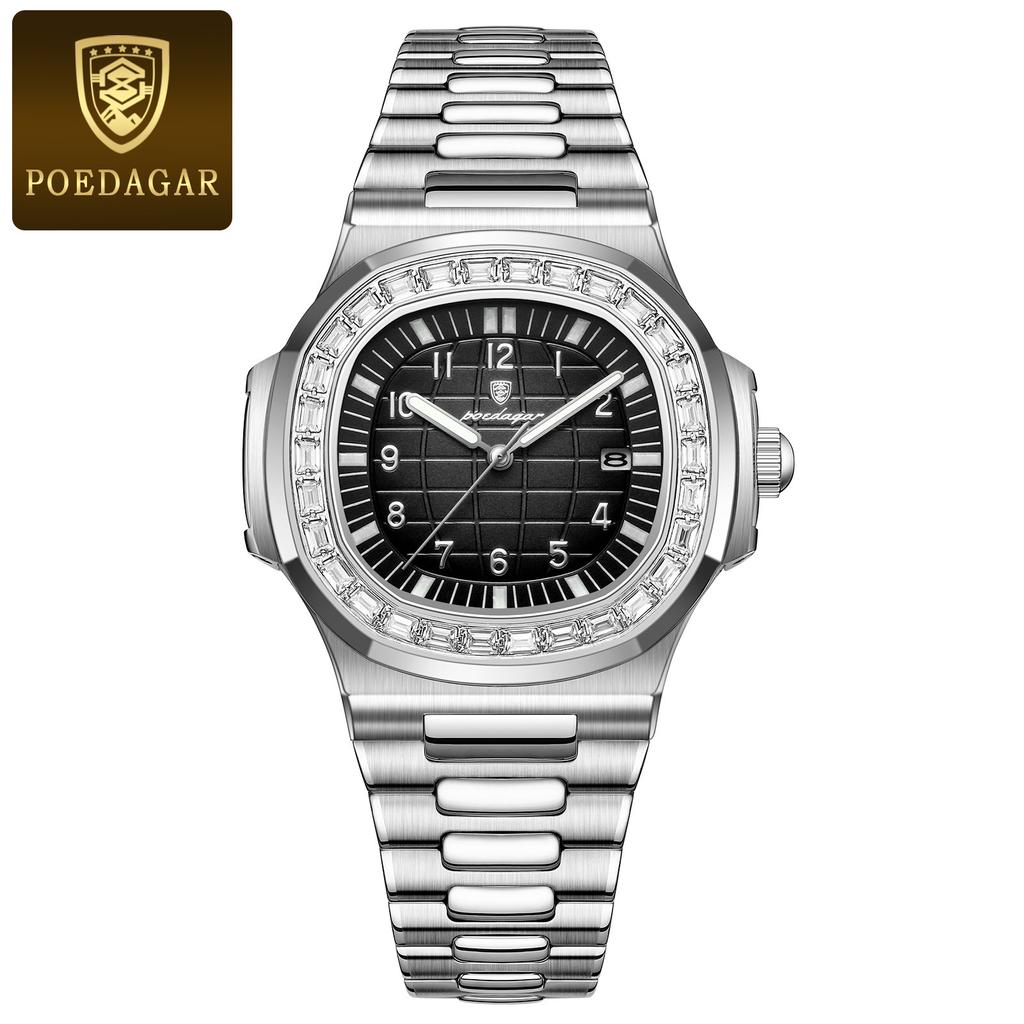 POEDAGAR Luxury Square Man Wristwatch Diamond Dial Luminous Waterproof Date Men Watch Stainless Steel Men's Quartz Watches Casual Male Clock