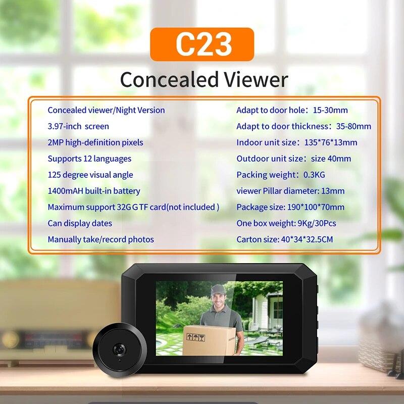 3.97 Inch Doorbell Peephole Viewer Digital Door Camera 125° LCD 1080P HD Pixels Cat Eye Door Bell Outdoor Monitor