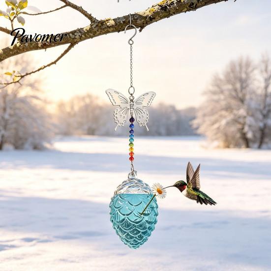 Wild Bird Feeding Supplies Pine Cone Shape Glass Hummingbird Feeder with Butterfly/Dragonfly Decor, Outdoor Hanging Easy Clean Nectar Water