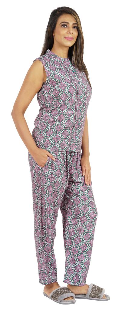 Phagun Pajamas Set Printed Rayon Sleepwear Sleeveless Nightwear For Women