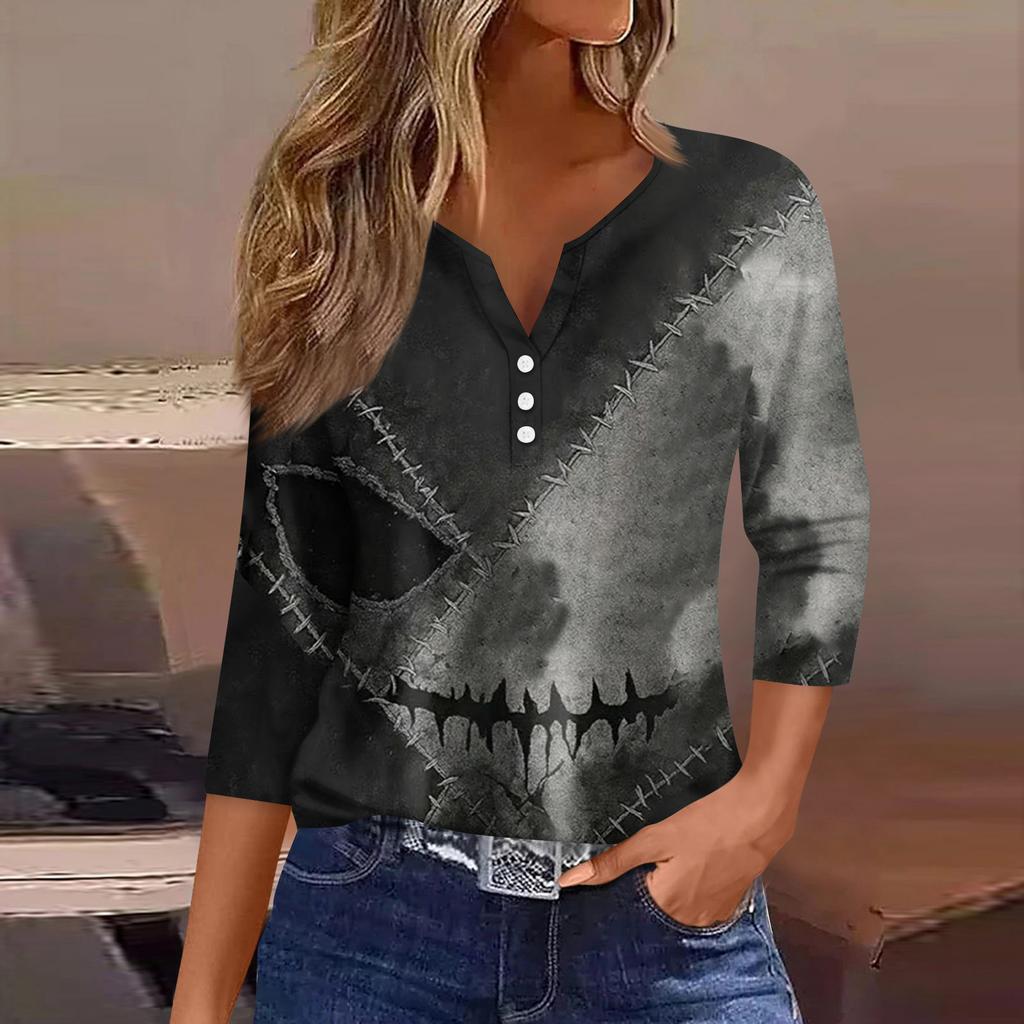 Women's Fashion Button-Up V-Neck Three-Quarter Sleeve Halloween Print Top