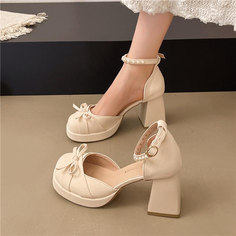 Французские босоножки на толстом каблуке с бантом женские 2025 лето маленький квадратный носок бант сумка на носке супер высокий каблук женские