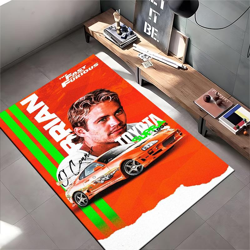 Movie Car Area Rug, Fast and Furious Brian O Conner Toyota Supra Orange 1994 Print, JDM Car Fan Garage Decor, Non-Slip Mat