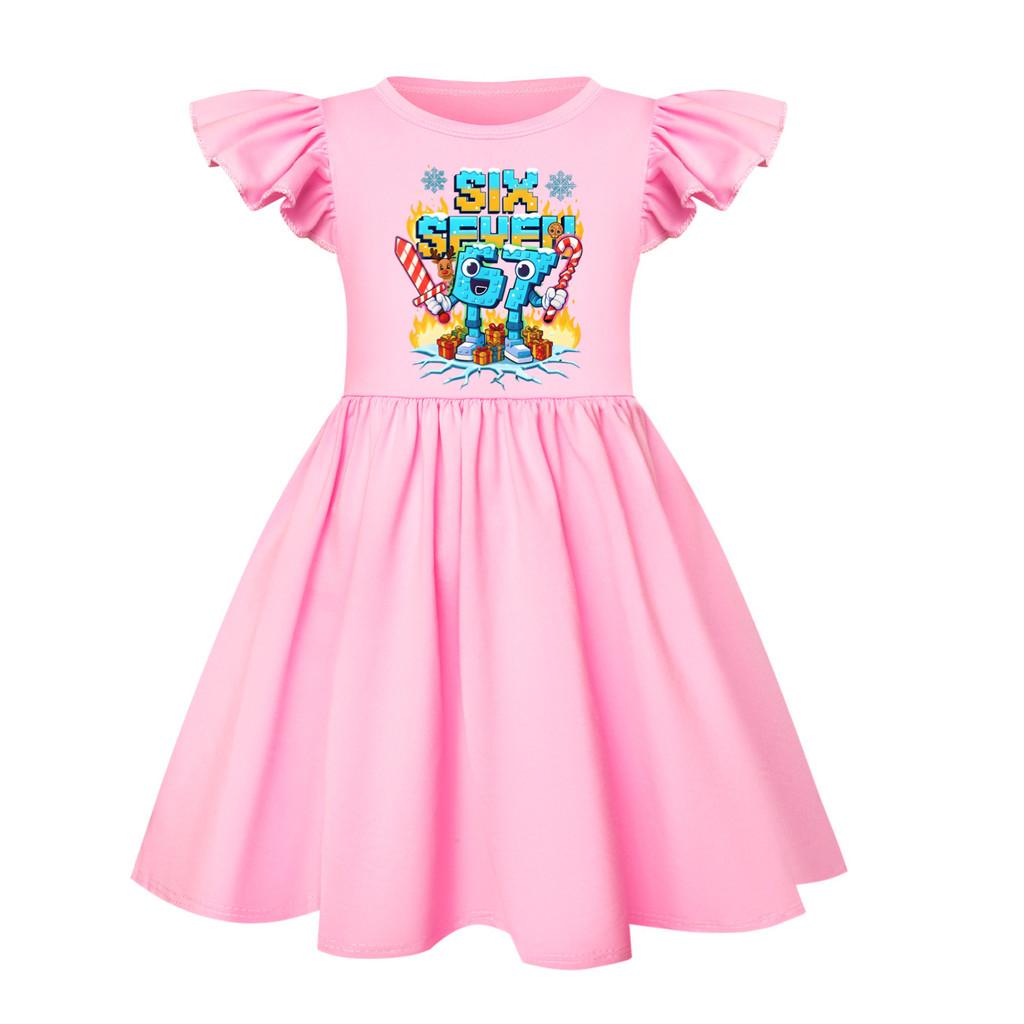 5193 Детское Платье для Девочек Steal a Brainrot 67 Six Seven с Принтом и Короткими Рукавами с Рюшами