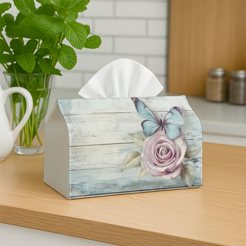 2D Flat, Multifunctional Tissue Box with Rose And Butterfly Patterns - Sturdy Polyester Storage Box, Suitable for Home Decoration, for Living Room, Be