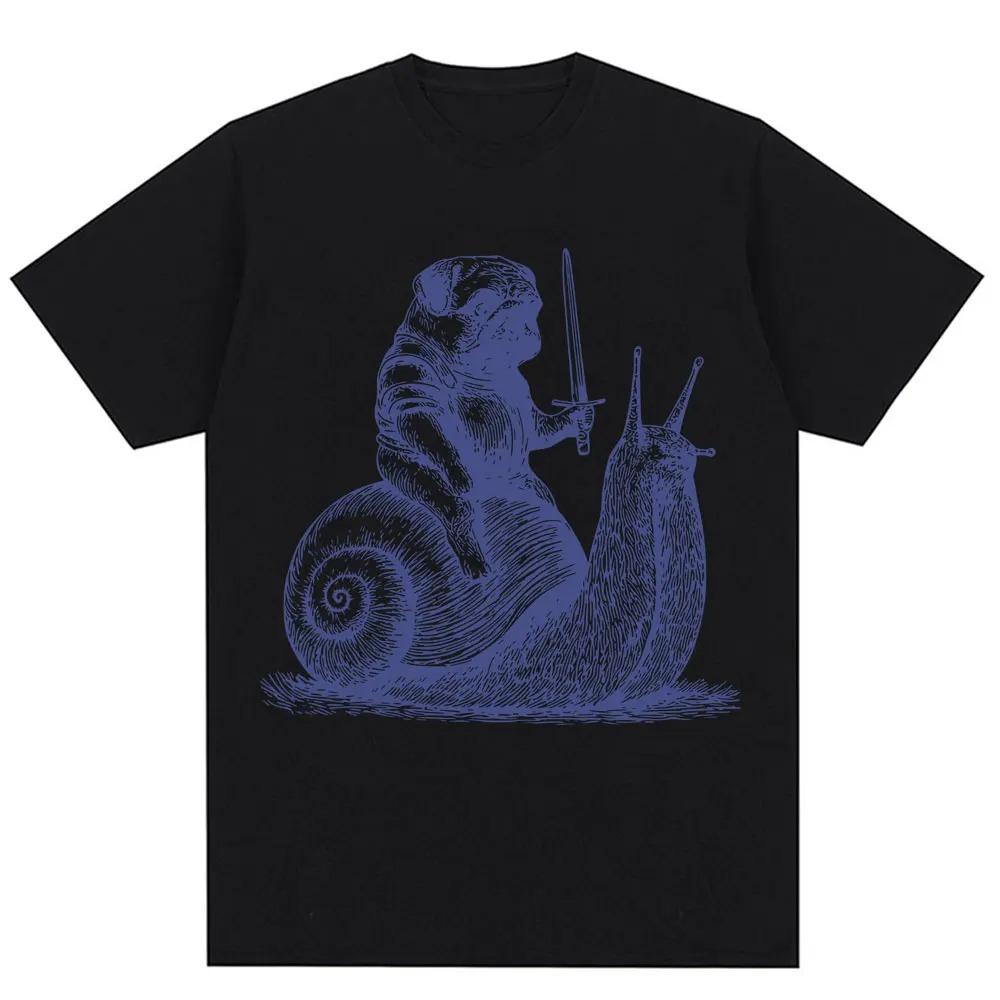 Funny Medieval Pug Knight Riding Snail Meme Graphic TShirt Unisex 90s Vintage Trendy Oversized 100 Cotton Casual Tshirts
