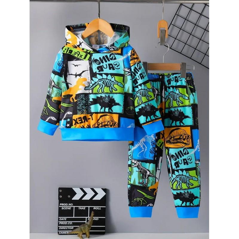 Boys Winter 2-Piece Hooded Sweatshirt Set With Cartoon Print Long Pants Casual Outfit Kids 8 Years