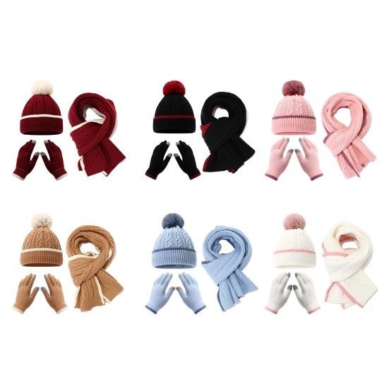 Набор из 3 предметов: детская шапка, шарф, перчатки, однотонный, с текстурой «косичка», украшение плюшевым помпоном, шапка, длинный шарф, перчатки, эластичные зимние аксессуары