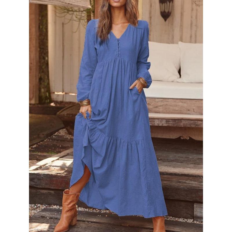 Women's Fashion Spring Fall Solid Color Print Long Sleeve V-Neck Loose Waistline Casual Dresses