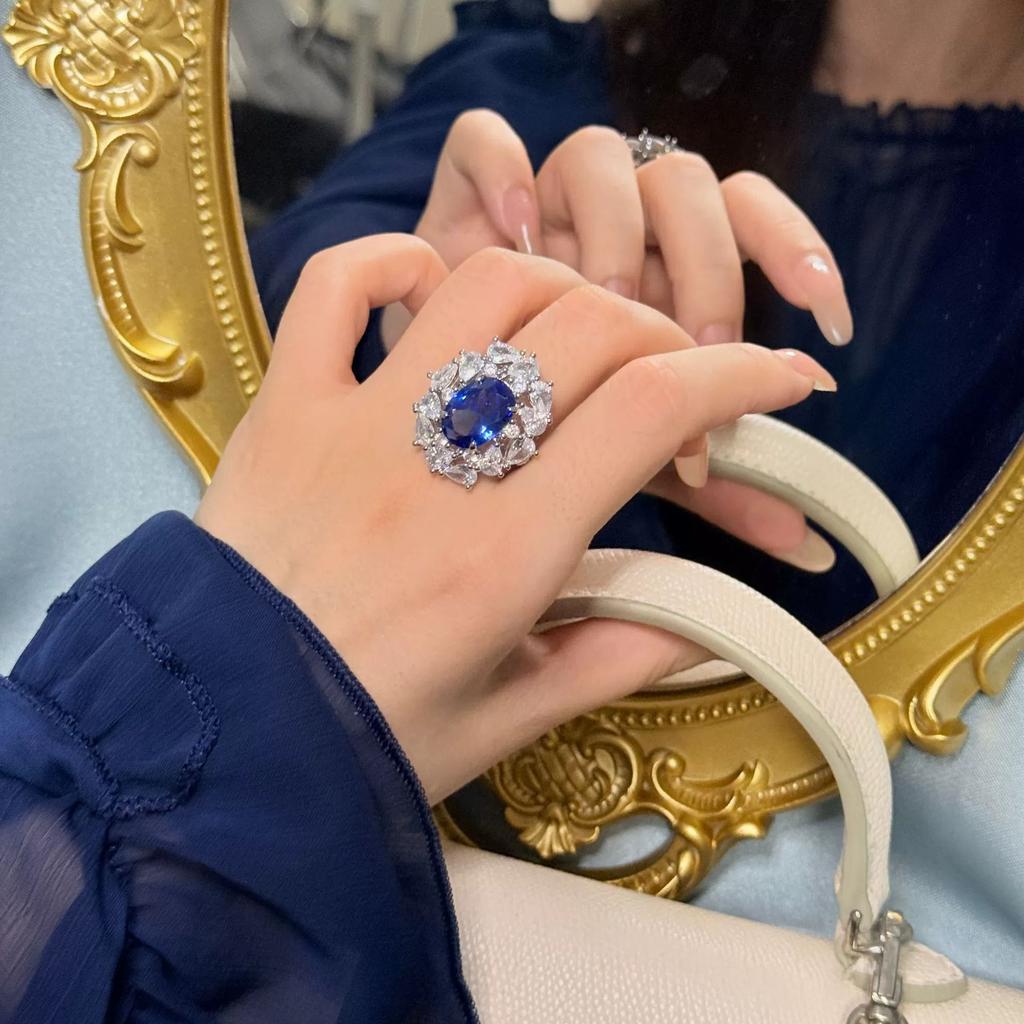 Классическое кольцо из стерлингового серебра с имитацией сапфира и циркона овальной огранки для женщин, с цветочным дизайном, свадебные, помолвочные подарки