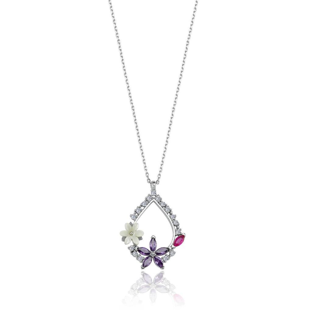 Magnolia Flower Amethyst Drop Flowers Silver Necklace