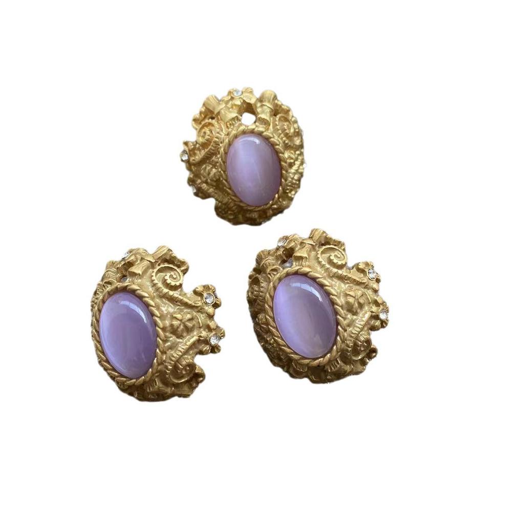 Gold-Plated Medieval Palace Style Jewelry Set: Vintage Violet Earrings, Ear Clips & Ring