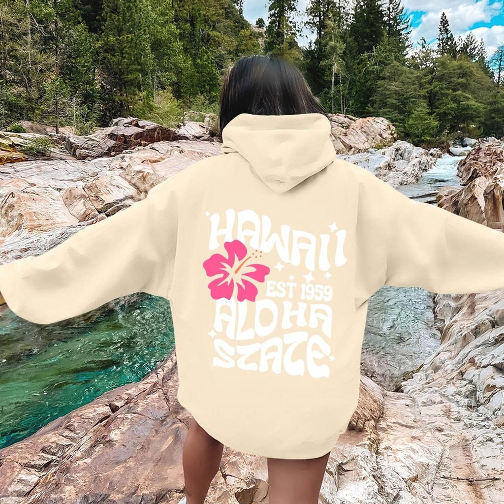 Women's Fashion Long Sleeve Sweatshirt Letter Printed Hooded Drawstring Pullover Oversized Pocket Sweatshirt Top