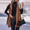 Women Fall Spring Vest Coat with Belt Lace-up Waist Turn-down Collar Smooth Faux Leather Mid Length Cardigan Commuting Shopping Lady Waistcoat
