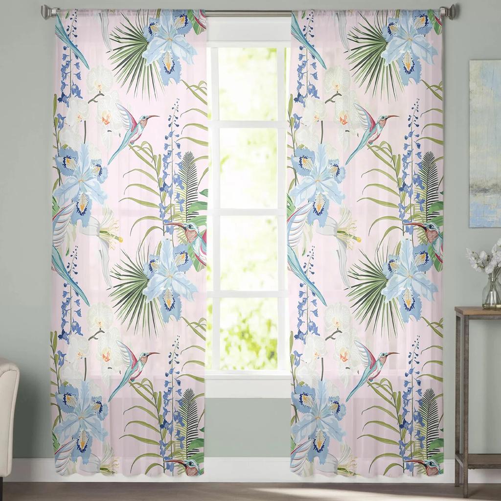 Flowers Bird Leaves Conifers Retro Bedroom Transparent Sheer Curtains Holiday Decoration Window Voile Tulle Curtain