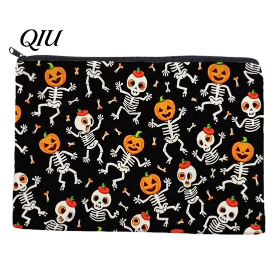 Multipurpose Storage Pouch Halloween Bag, Large Capacity Cosmetic with Pumpkin Print Bag Castle Skull Print, Smooth Zipper Thickened Canvas