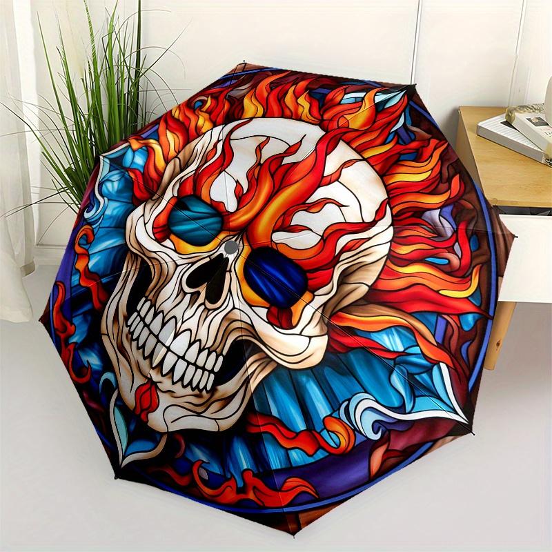 Flaming Skull Stained Wall ArtUmbrella, Portable 3-Fold Compact Umbrella,Christmas Gift ES655