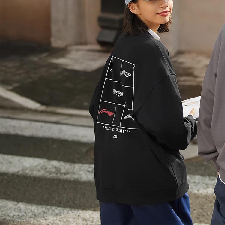 Li Ning Sports Lifestyle Series Back Nine Grid Logo Print Crewneck Sweatshirt Unisex Sweatshirt Black AWDTB49-14