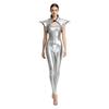 Metallic Shiny Stand Collar Fly Sleeve Bodycon Sling Jumpsuit with Gothic Pauldron Armor for Women Halloween Club Party