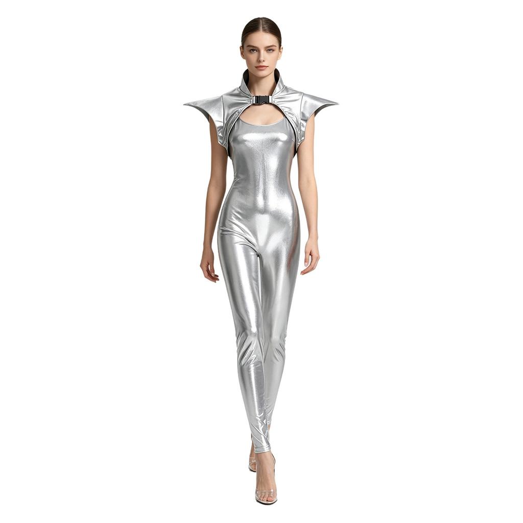 Metallic Shiny Stand Collar Fly Sleeve Bodycon Sling Jumpsuit with Gothic Pauldron Armor for Women Halloween Club Party