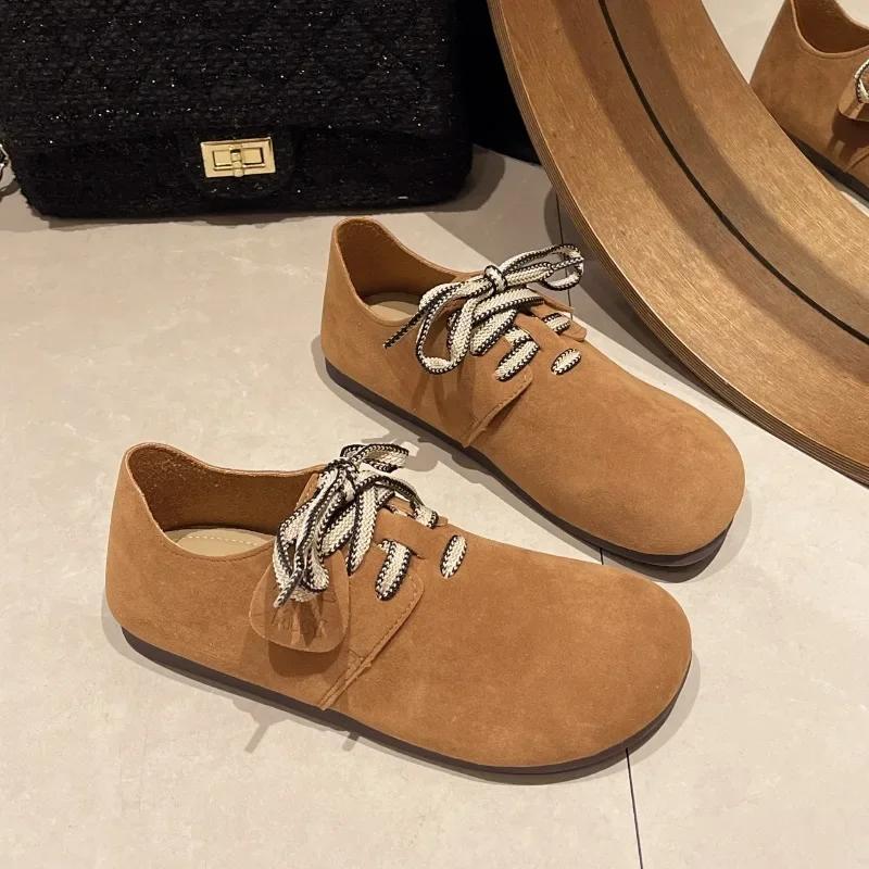 2024 New Fashion Solid Color Shallow Mouth Lace-up Flat Bottom Round Toe Comfortable and Versatile Spring and Autumn Outer Shoes