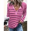 Plus Size Casual T-shirt, Women's Plus Stripe Print Button Up Long Sleeve Round Neck Pullover Slight Stretch T-shirt