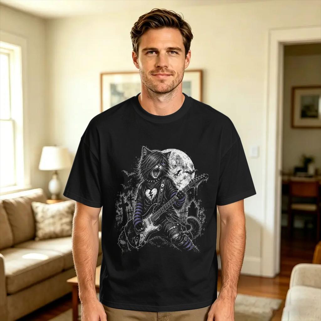 Oversized Tshirt Rocker Cat Punk Metal Rock And Roll Music Rock Cat Cotton Tshirts Novelty Tee Shirt For Unisex Summer Clothing