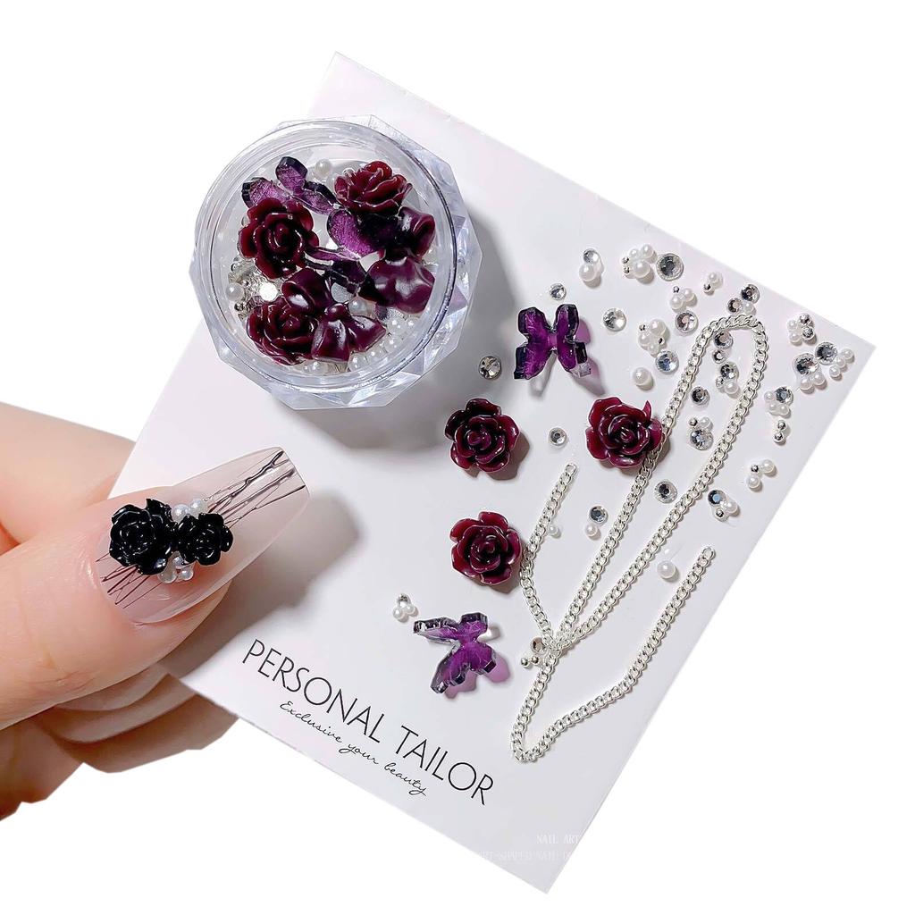 3D Camellia Flowers Butterfly Nail Art Accessories Set, with Rhienstones Beads Chain for DIY Nail Decoration