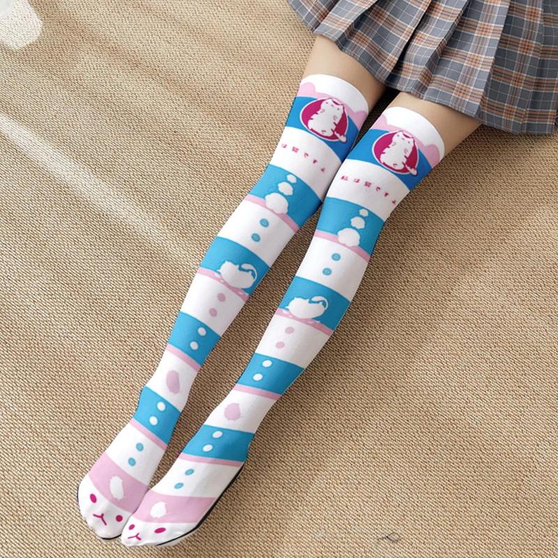 Japanese Anime Lolita Thigh High Stockings Women Girls Sweet Kawaii Cartoon Rabbit for Cat Geometry Striped Print Cosplay Over