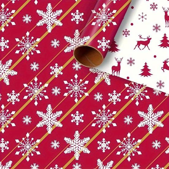 1 Rolls Double-Sided Christmas Gift Wrap Paper Large Wrapping Paper with Tree Snowflake Reindeer Patterns Holiday Gift Packaging Supplies