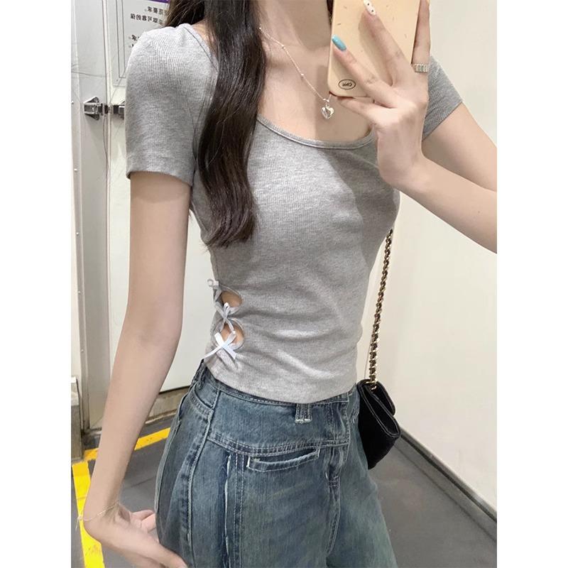 Red French Retro Square Collar Exposed Collarbone Temperament Bow Hollow Summer Short-sleeved T-shirt Slim Fit Top