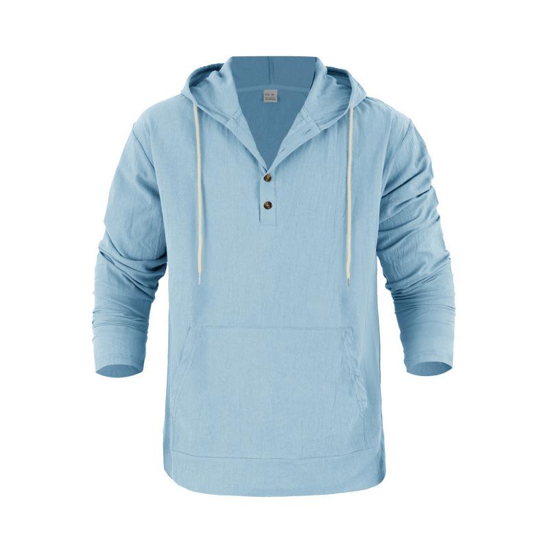 Мужская повседневная футболка-henley из льна свободного кроя на весну/осень с большими карманами и капюшоном, с длинными рукавами