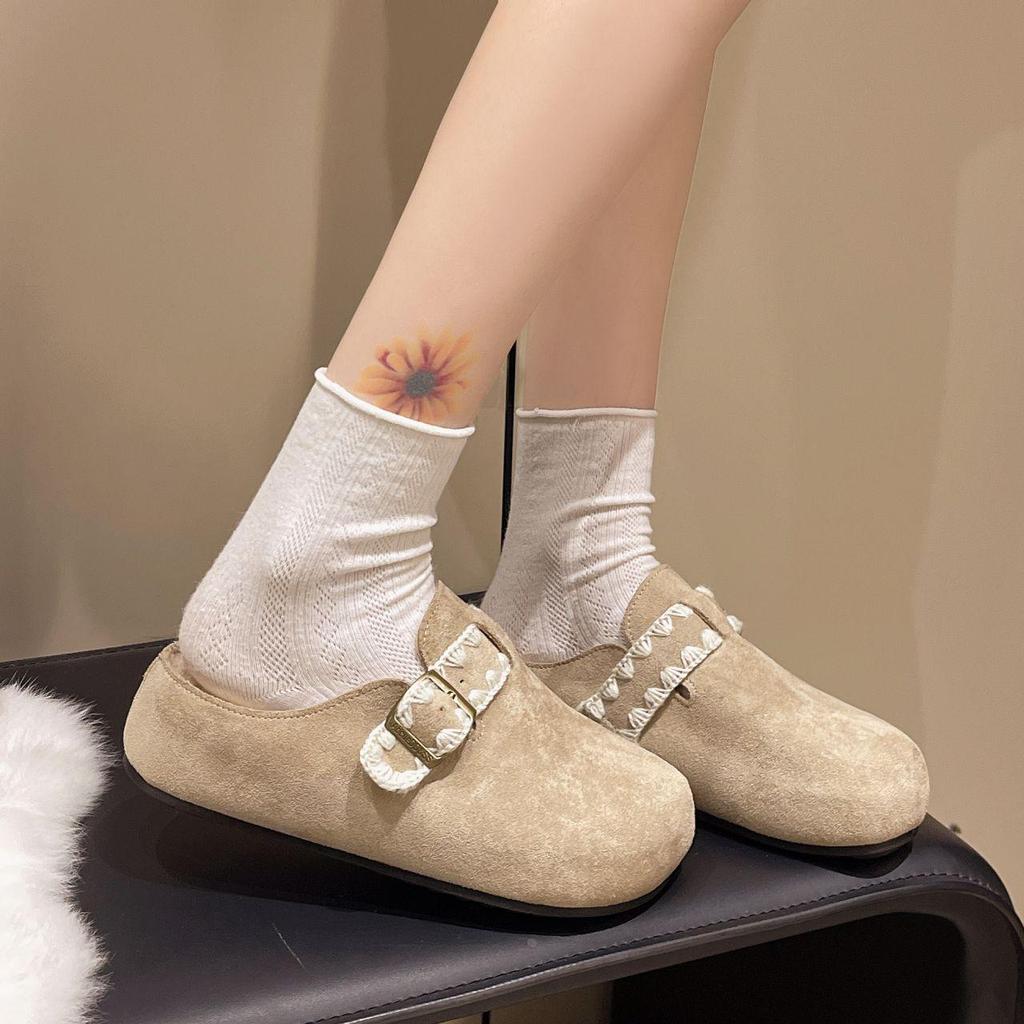 Женские ретро-тапочки Birkenstock с толстой подошвой, флисовой подкладкой и меховым круглым носком для осени/зимы.
