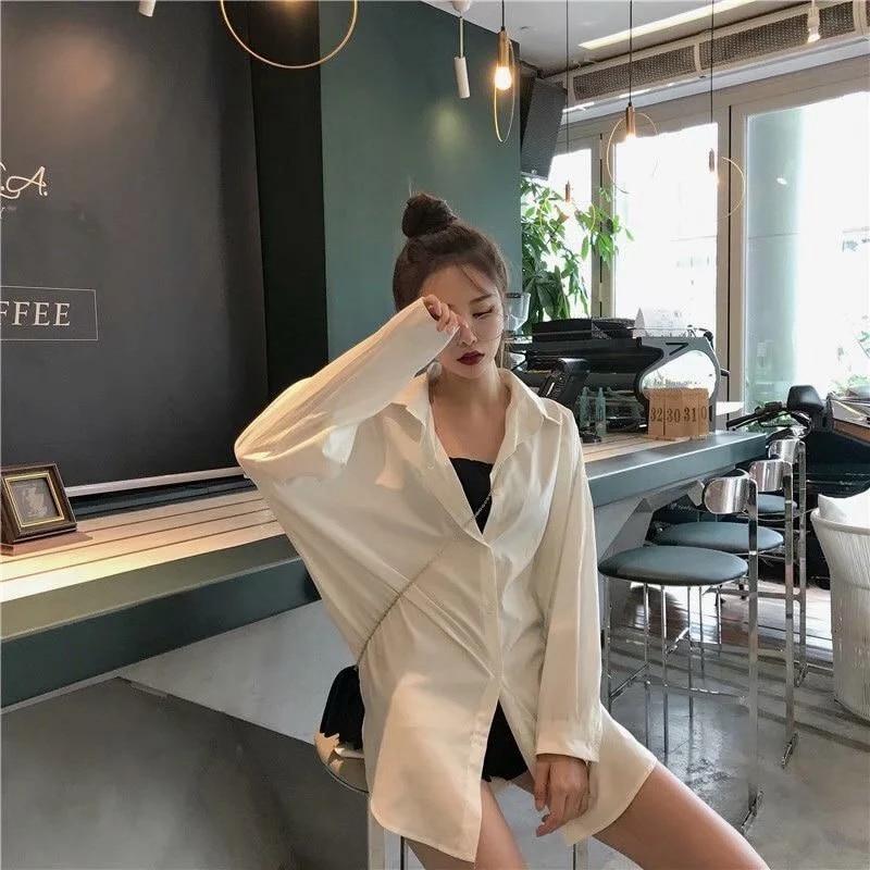 Black Shirts Women Oversized Vintage Chic Korean Fashion Long Sleeve Casual Blouse