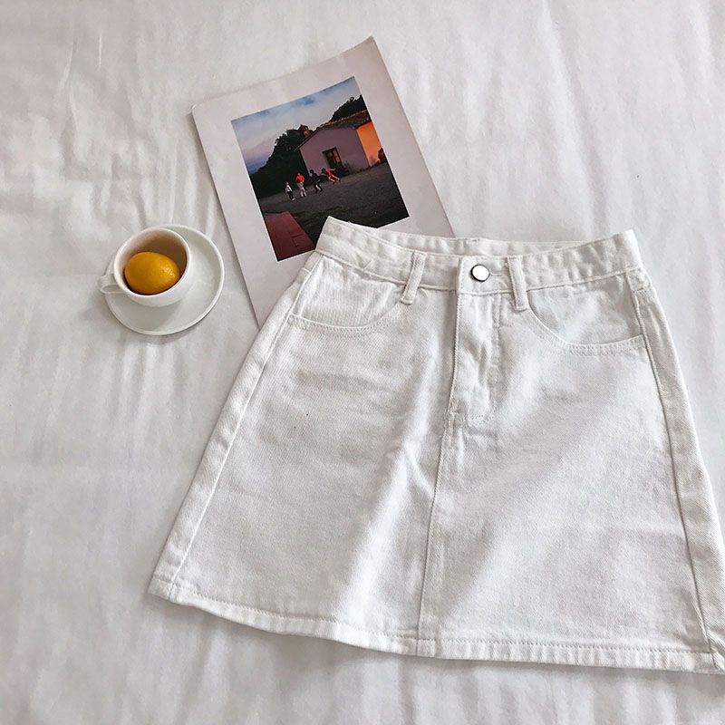 Женская летняя универсальная джинсовая полуюбка с высокой талией, корейская версия студенческой простой однотонной короткой юбки трапециевидной формы на бедрах
