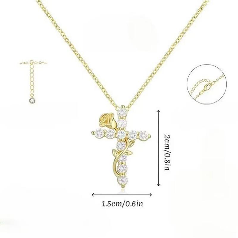 Exquisite Zircon Cross Pendant Necklace for Women Trendy Luxury Gold Color Rose Clavicle Chain Flower Jewelry Wholesale