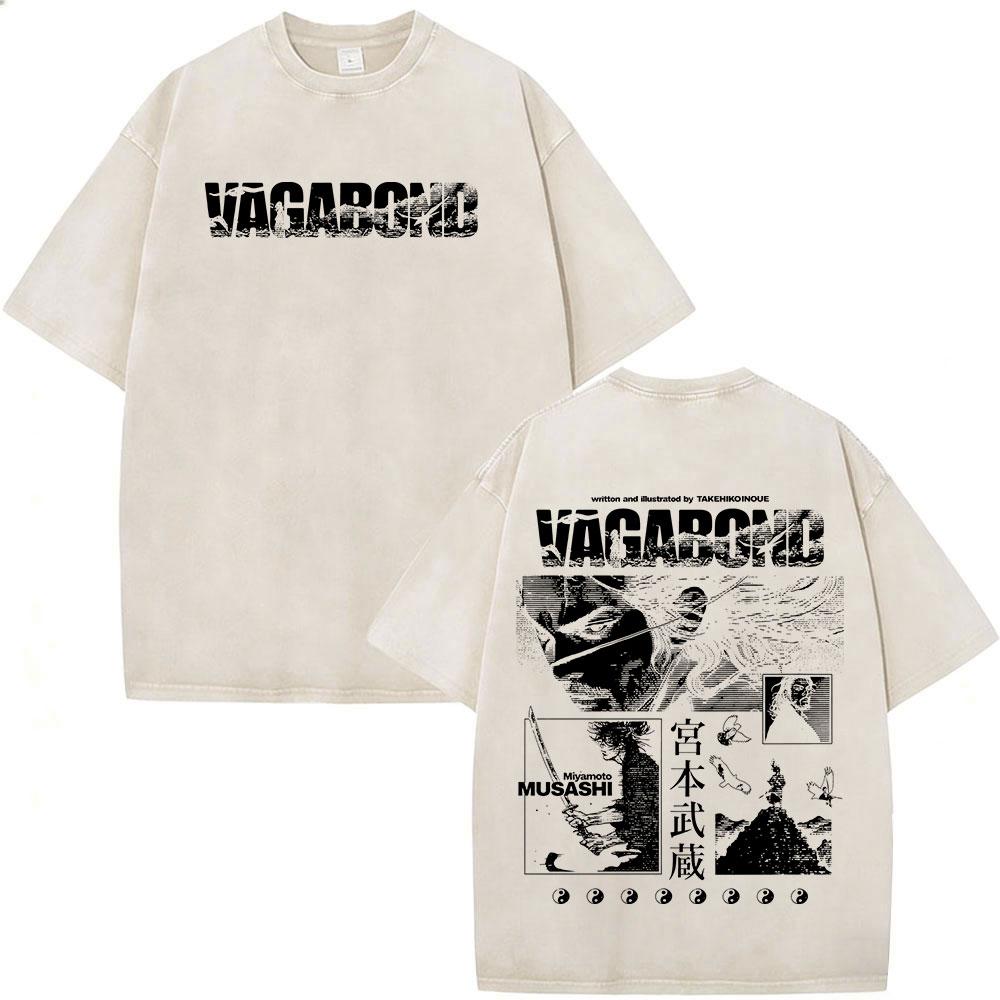 Vintage Washed Anime Vagabond Miyamoto Musashi Manga Tshirts Men Women Clothing Casual Cotton Short Sleeve Oversized T Shirts