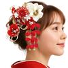 Hair Ornament Set Red and White Flower Kanzashi Chirimen Comb Style for Furisode and Hakama Two-Piece (kk-352) Tsumami-zaiku Kimono, Coming-of-Age