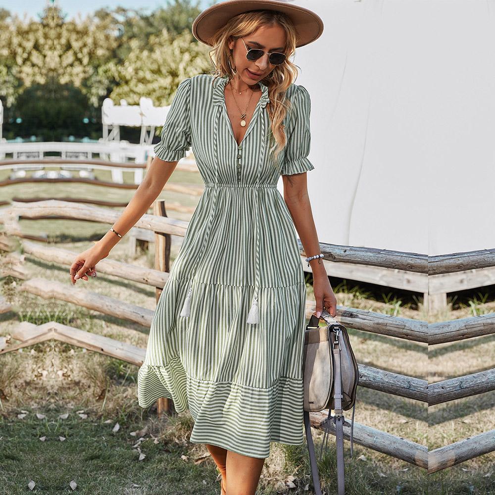 Женские полосатые повседневные платья с короткими рукавами и кисточками средней длины, летние платья на пуговицах с v-образным вырезом для женщин