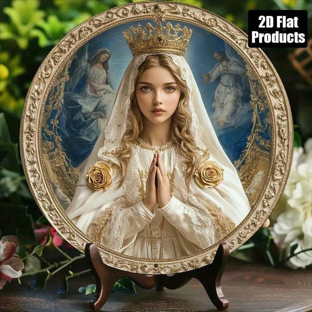 Постер из металла с изображением Девы Марии, золотой и белый, религиозный, 8x8 дюймов, настенное искусство для гостиной