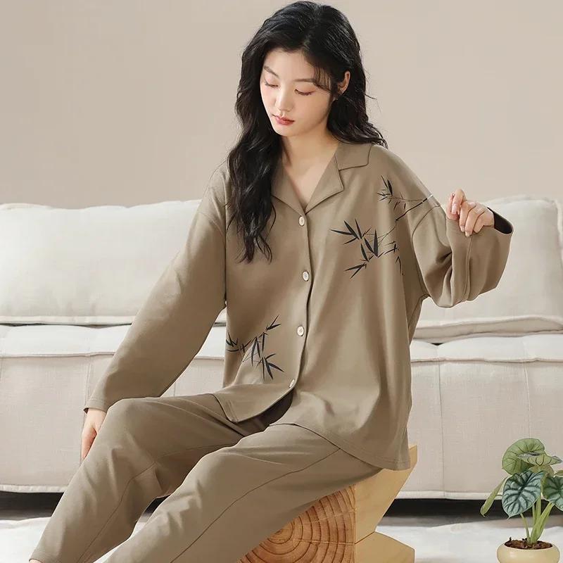 Осенне-зимняя хлопковая пижама для женщин, с длинными рукавами, женская одежда для сна, кардиган, пижамы с V-образным вырезом, японская женская домашняя одежда